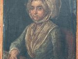an old painting of a woman in a green dress with a hat
