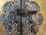 a close up of a metal door handle on a door