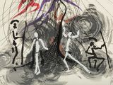 drawing of a group of people walking through a field with a kite in the sky