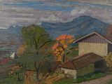 painting of a landscape with a house and mountains in the background
