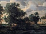a painting of a wooded landscape with a man and a dog