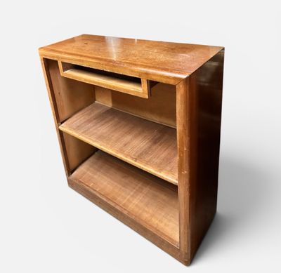 a wooden bookcase with two shelves and a drawer on top