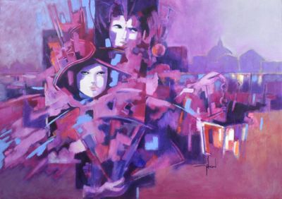 painting of a couple of people with umbrellas on a city street