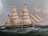une peinture représentant un bateau sur l'eau, arborant un drapeau