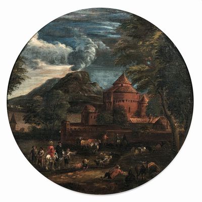 tableau représentant un paysage avec un château au loin et un groupe de personnes à cheval au premier plan
