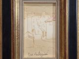 framed drawing of a horse drawn carriage in a gold frame
