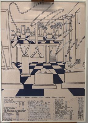 a drawing of a room with a checkered floor and a black and white checkered floor