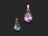 a pair of amethorate and blue topaze earrings
