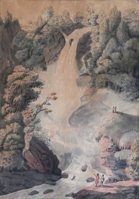 un tableau représentant une cascade au milieu d'une forêt