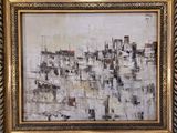 an oil painting of a cityscape in a gold frame on a wall