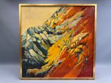 an oil painting of a mountain landscape with trees in the foreground