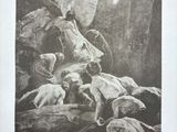 an old black and white drawing of a man on a horse surrounded by sheep