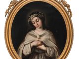portrait of a woman in a white dress with a wreath of flowers in her hair