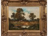 a painting of a landscape with a river and trees