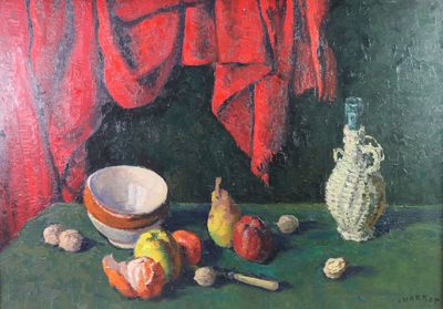 un tableau représentant un bol et des fruits posés sur une table