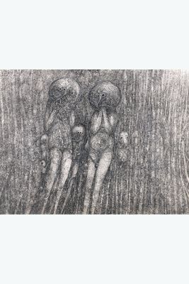 pencil drawing of a group of people holding umbrellas in the rain