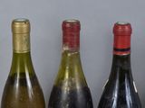 three bottles of wine are lined up on a table