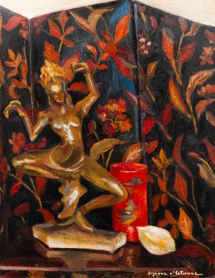 an oil painting of a statue on a table next to a red can