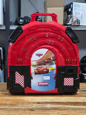 a red and black suitcase with a picture of cars on it