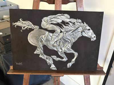dessin représentant un cheval sur un chevalet, sur fond noir
