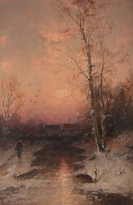 J. SCHELLER Route enneigée au couchant