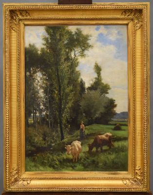 tableau représentant un homme et des vaches dans un champ, avec des arbres en arrière-plan