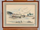 an image of a painting on a easel with a painting of boats in the water