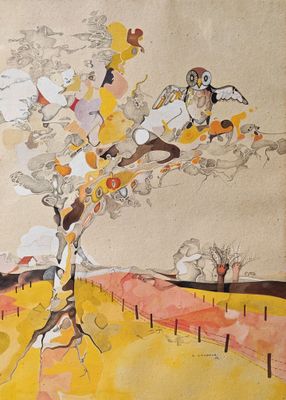 une peinture représentant un arbre dans un champ, sur lequel est perché un oiseau