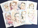several portraits of women are shown in a row on a blue surface