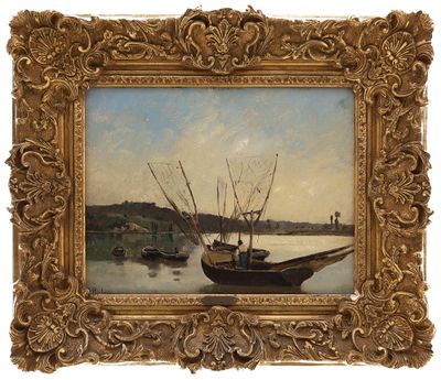 l'image d'une peinture représentant un bateau dans un plan d'eau