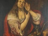 un vieux tableau représentant une femme assise à une table, la main posée sur le visage