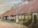 une peinture à l'huile représentant une maison avec un vélo garé au bord de la route