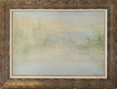 une peinture à l'huile représentant une rivière avec des arbres en arrière-plan