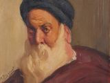 painting of an old man with a long beard and a blue hat