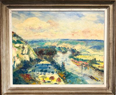 une peinture à l'huile représentant un paysage avec une rivière au premier plan