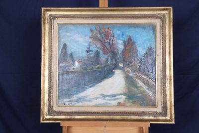 une peinture à l'huile représentant une route avec des arbres et une maison en arrière-plan