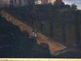 painting of a castle on a hill with a person walking up the hill