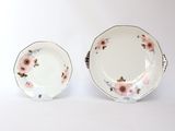 two plates with pink flowers on them sitting next to each other