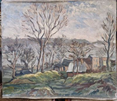 une image représentant une peinture d'une ferme avec des arbres au premier plan