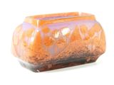 purple and orange vase with flowers on it sitting on a white surface
