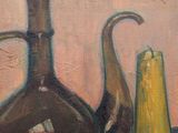 a painting of a still life with a pitcher and a bottle