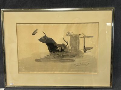 une vieille photo représentant un taureau et un oiseau, dans un cadre