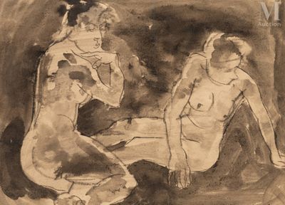 drawing of two nudes sitting on the ground, one of which is holding a cigarette