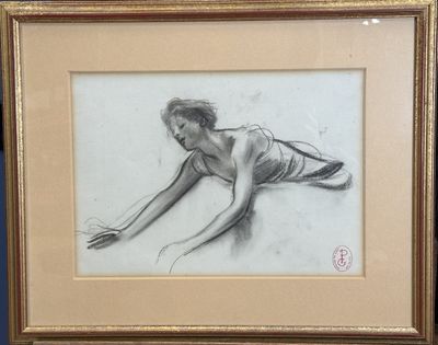 drawing of a woman in a bathing suit reaching for a tennis ball