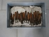 a box full of hot dogs with icing on top of it