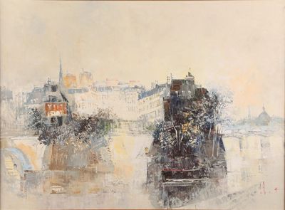 a painting of a train on the tracks by the water