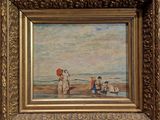une image représentant un tableau montrant des personnes sur la plage avec un parasol