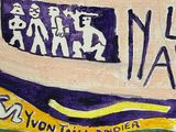 a painting of a purple and yellow train on a blue carpet