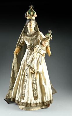 Vierge à l'Enfant en cire, tissu, passementerie, clinquants …