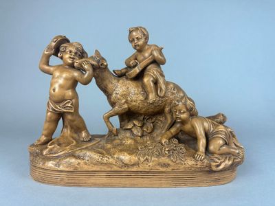 F. FOUCHER (XIX-XXème) - Groupe en terre cuite vernissée rep…
